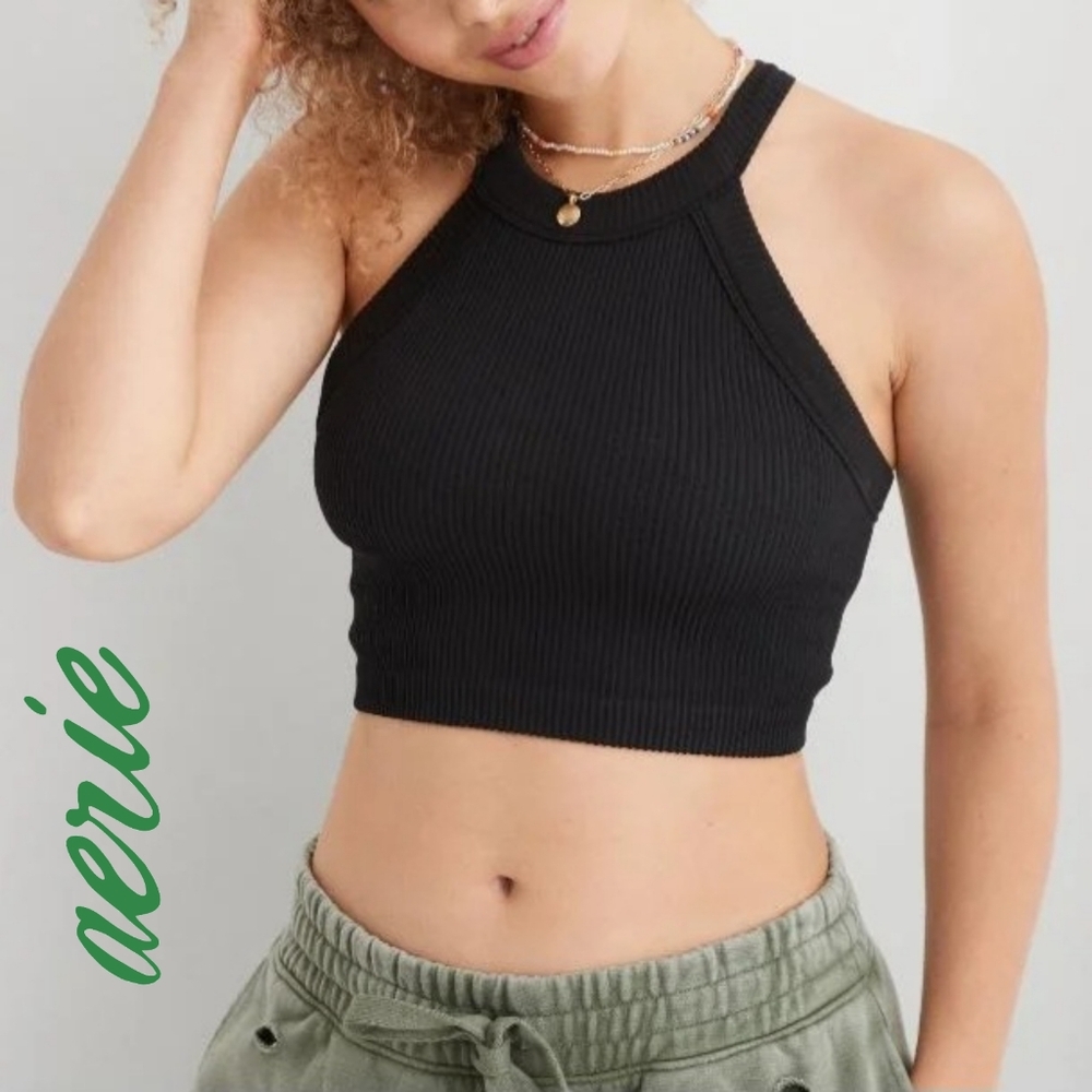 Sz S Aerie Superchill Seamless High Neck Bra Top Black Ribbed Crop Top